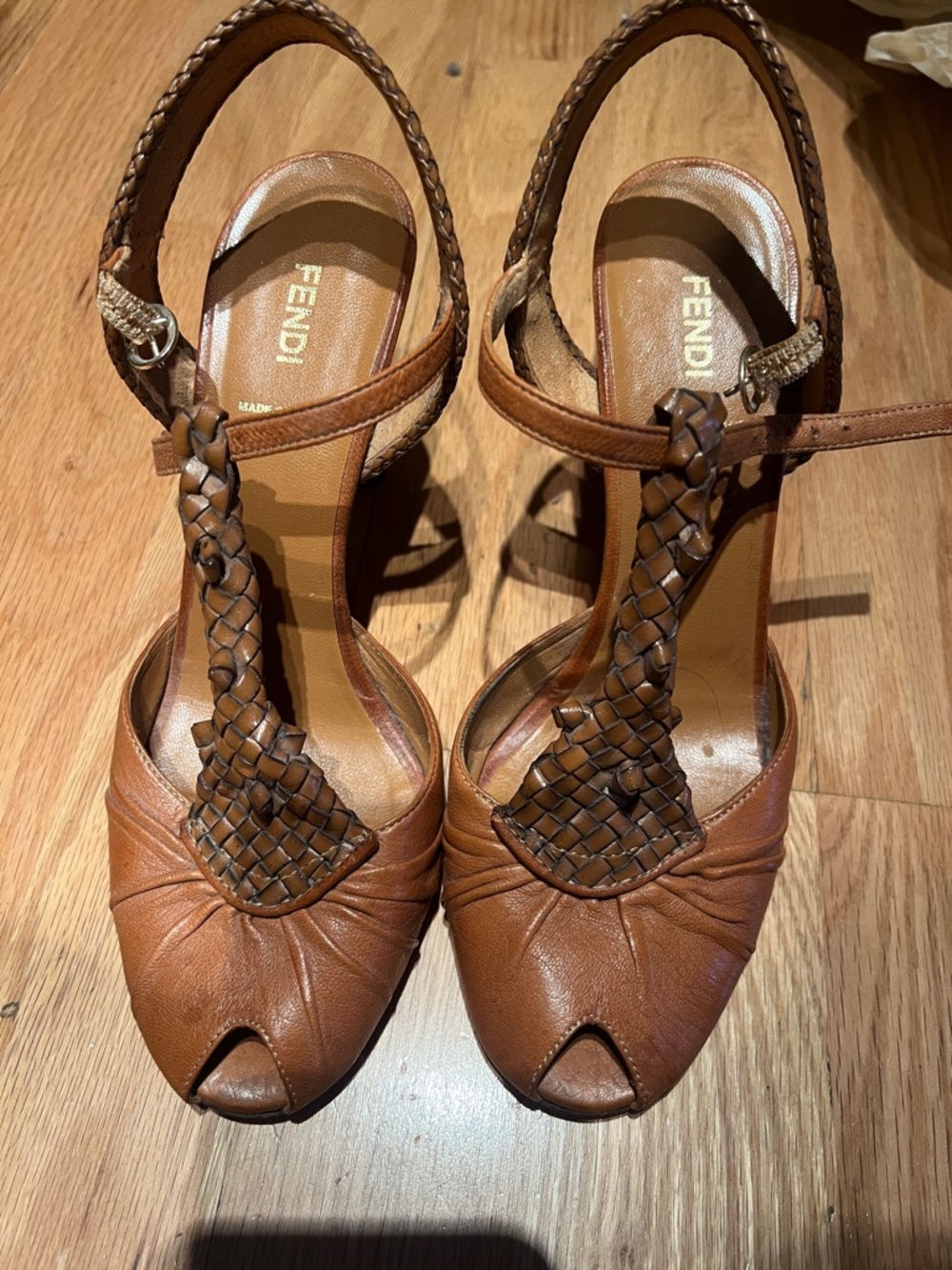 Fendi Brown Braided T-Strap Peep-Toe Heels